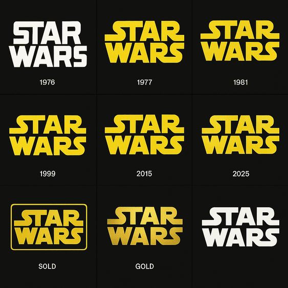 A 3x3 visual collage showing the evolution of the Star Wars logo from 1976 to 2025, with changes in font weight, stroke, and color—from white block letters to glowing gold variations on a black background.