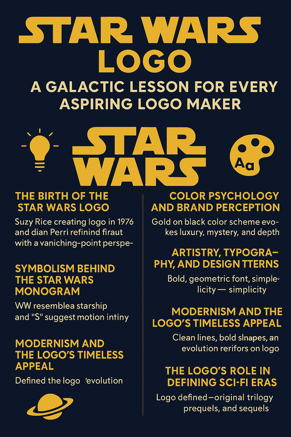 Infographic titled “Star Wars Logo: A Galactic Lesson for Every Aspiring Logo Maker” featuring design insights on the creation, symbolism, color psychology, and enduring appeal of the Star Wars logo, with bold yellow typography on a dark blue background.