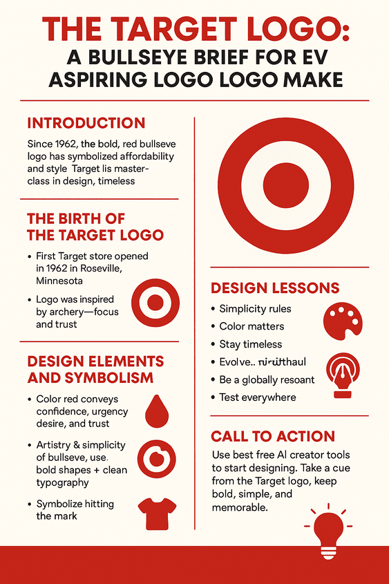 A flat-style infographic titled "A Bullseye Brief: The Evolution & Genius of the Target Logo," showcasing the history, color psychology, symbolism, and design evolution of the Target logo from its 1962 debut to 2025, with bold red and white visuals and minimalist design elements.