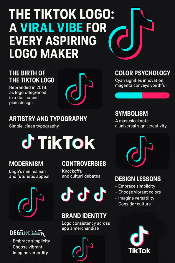 A digital infographic titled "The TikTok Logo: A Viral Vibe for Every Aspiring Logo Maker," showcasing the design evolution, color psychology, and branding lessons of the TikTok logo, featuring a neon-colored music note icon and typographic highlights.