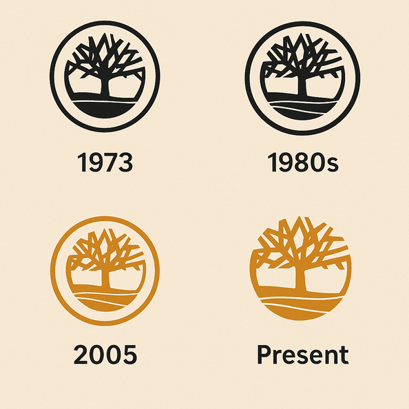 A digital collage showing the evolution of the Timberland logo, from its early minimalist tree emblem in the 1970s to modern, refined versions used in contemporary branding, all featuring the signature tree enclosed in an oval.