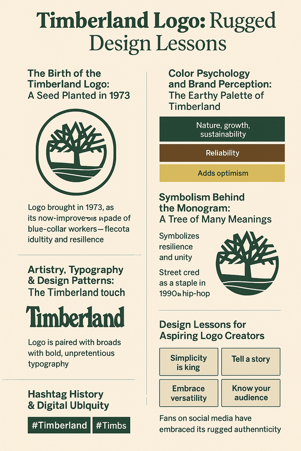 An informative vertical infographic titled "Timberland Logo: Rugged Design Lessons," featuring a central Timberland tree logo surrounded by visual callouts on logo history, color psychology, symbolism, design evolution, and cultural impact.