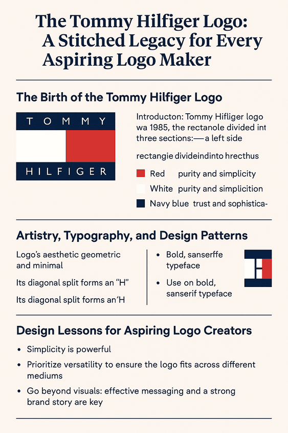 An infographic titled “The Tommy Hilfiger Logo: A Stitched Legacy for Every Aspiring Logo Maker,” featuring the iconic red-white-blue rectangular logo, and organized into sections about its origin, color psychology, design elements, and practical tips for logo creators. The design uses a navy-blue, red, and white palette with clean typography and geometric visual