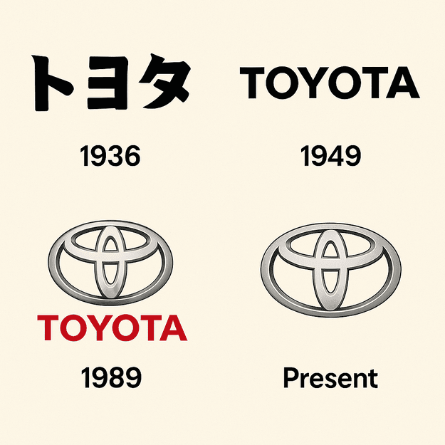 A digital collage of the Toyota logo’s evolution from 1936 to the present. Includes Japanese katakana script (1936), a bold ‘TOYOTA’ wordmark (1949), the modern three-oval emblem introduced in 1989, and the current minimalist version.