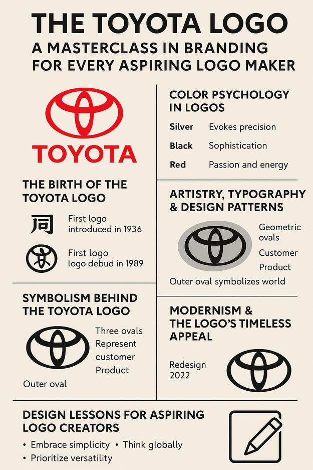 An infographic titled ‘The Toyota Logo: A Masterclass in Branding for Every Aspiring Logo Maker’ showing six sections about the Toyota logo’s history, symbolism, color psychology, artistry, modernism, and design lessons for logo creators. Features the iconic three-oval Toyota logo in red, Japanese script for the original logo, and various oval designs.