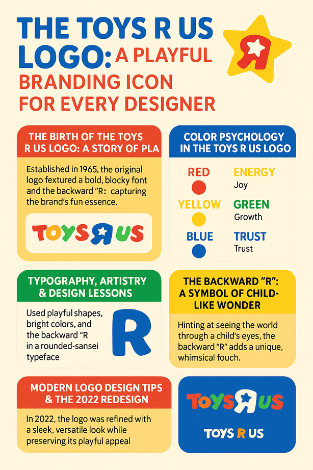 "An infographic titled 'The Toys R Us Logo: A Playful Branding Icon for Every Designer' showing sections about the logo’s history, color psychology, design lessons, the backward 'R', and the 2022 redesign. It uses bold colors like red, yellow, green, and blue to highlight key points.