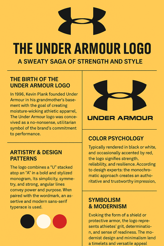 A detailed infographic showcasing the history, symbolism, and design elements of the Under Armour logo, including insights into its color psychology, monogram structure, and branding evolution from 1996 to 2025.