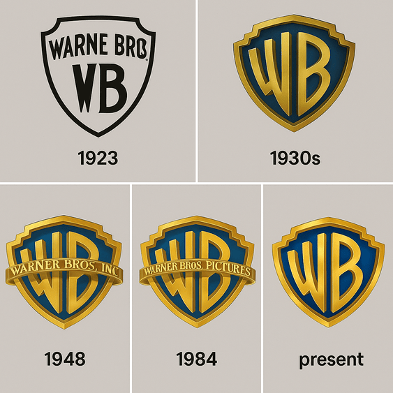 A digital collage showcasing five Warner Bros. logo designs from 1923 to 2023, including the original monogram, Art Deco shield, Saul Bass’s minimalist version, the classic gold-and-blue emblem, and the modern 100th anniversary redesign.