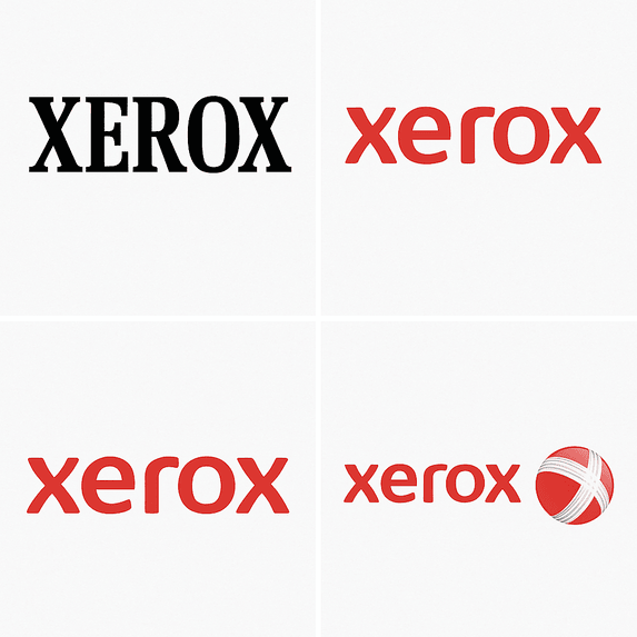A digital collage showing the evolution of the Xerox logo from 1948 to 2025, including six key redesigns—from its original serif-based logotype to the bold all-caps version, and finally to the modern lowercase wordmark paired with a red spherical icon.