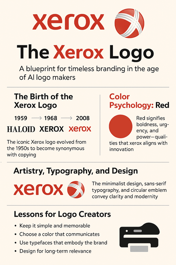 A digital infographic titled "The Xerox Logo" displays the visual evolution of the Xerox logo from its early serif-based form to the modern red lowercase wordmark with a spherical icon. The design includes color theory analysis, typography notes, and milestones in Xerox’s brand history.