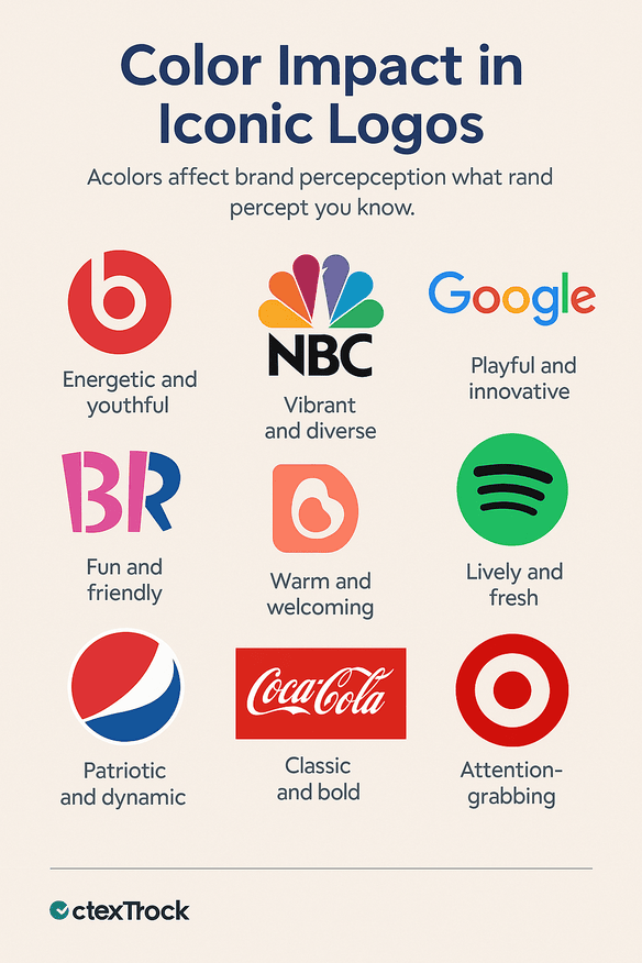 Infographic titled 'Color Impact in Iconic Logos' showing eight famous logos—Beats, NBC, Google, Baskin Robbins, Airbnb, Spotify, Pepsi, Coca-Cola, and Target—each labeled with the emotional effect of their brand colors.