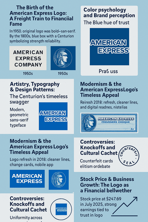 A digital infographic titled "The American Express Logo: A Centurion of Branding Lessons" visually explores the history, design elements, symbolism, and branding strategy behind the iconic American Express logo, featuring the signature blue box and Centurion imagery.