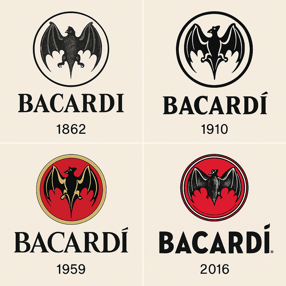 A digital collage showcasing the evolution of the Bacardi logo, featuring six different logo designs from 1862 to 2025, including various bat illustrations and typography changes.