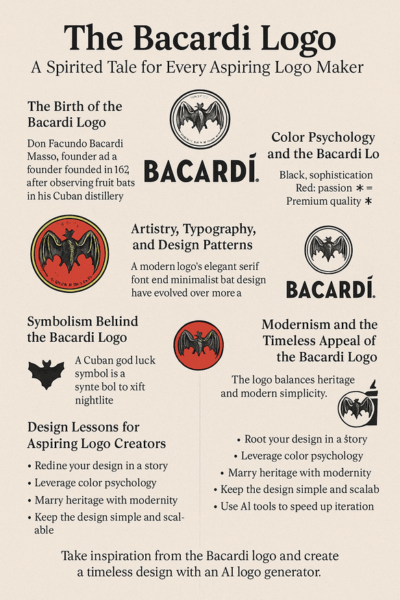 A vibrant infographic exploring the evolution, design principles, and symbolism of the Bacardi logo, featuring a central bat icon, typographic highlights, color psychology, historical milestones, and AI-powered branding tips.