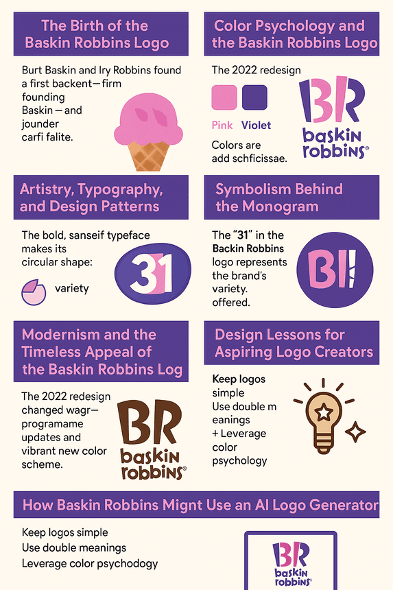 A visual infographic titled "The Baskin Robbins Logo: A Sweet Scoop of Branding Brilliance" featuring illustrations and design analysis of the logo's history, typography, color psychology, symbolism, and modern redesign.