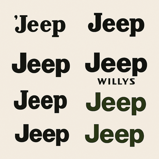 A digital collage showcasing seven versions of the Jeep logo, tracing its design evolution from its World War II military origins to the modern minimalist wordmark used in 2025.