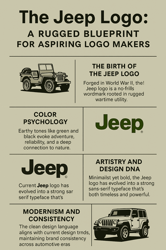 An infographic titled "The Jeep Logo: A Rugged Blueprint for Aspiring Logo Makers" showcasing the history, design elements, typography, color palette, and branding impact of the Jeep logo, featuring visuals of the wordmark and key branding insights.