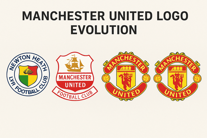 A digital collage showcasing the evolution of the Manchester United logo from its early railway-inspired crest in the late 1800s to the iconic red devil emblem of the modern era. Each logo is arranged chronologically, illustrating the visual and symbolic transformation over time.