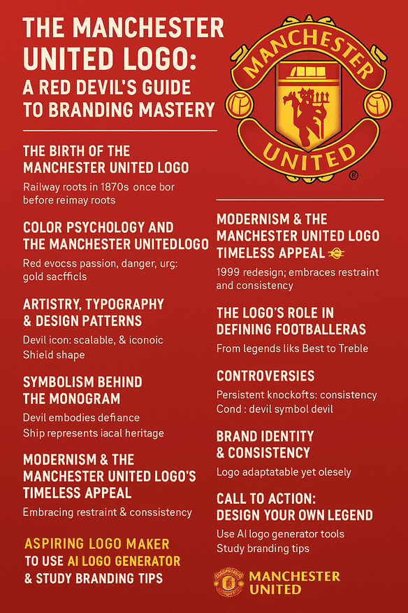 A visually dynamic infographic showcasing the history and design evolution of the Manchester United logo, featuring the iconic red devil emblem, color palette breakdowns, typography analysis, and AI-driven logo design tips.