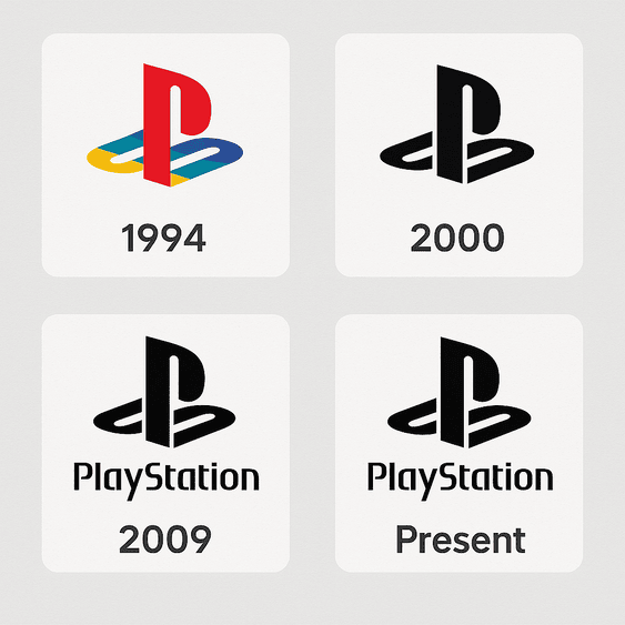 A visual collage showing the evolution of the PlayStation logo from 1994 to the present, featuring various design iterations with changes in color, depth, and style.