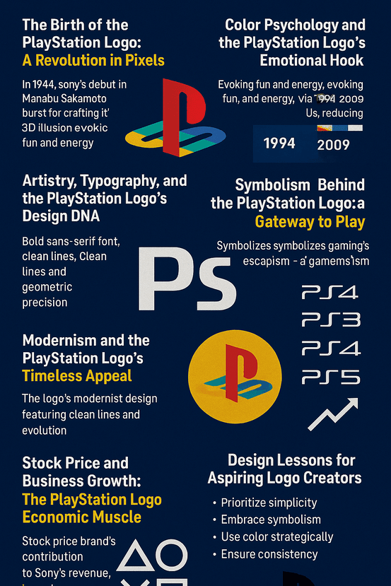 A digital infographic showcasing the history, design evolution, and cultural impact of the PlayStation logo, featuring the interlocking "P" and "S" monogram, color psychology, and AI logo design insights.