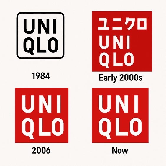 A digital collage showcasing the evolution of the Uniqlo logo from its original 1984 design to the modern minimalist red square logo used in 2025.