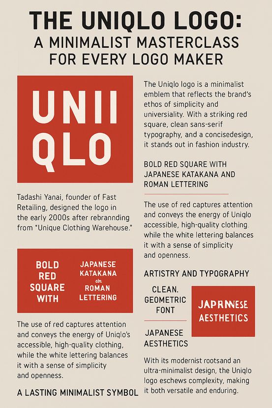 A red-and-white themed infographic titled "The Uniqlo Logo: A Minimalist Masterclass for Every Logo Maker" showcasing the evolution, design philosophy, color psychology, and global influence of the Uniqlo logo with icons, bold typography, and clean visual structure.