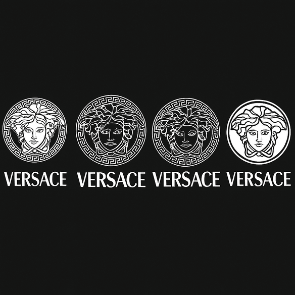 A digital collage shows the evolution of the Versace logo in four stages, from a detailed Medusa with Greek key border to a minimalist version, each labeled "VERSACE" in bold white letters on a black background.