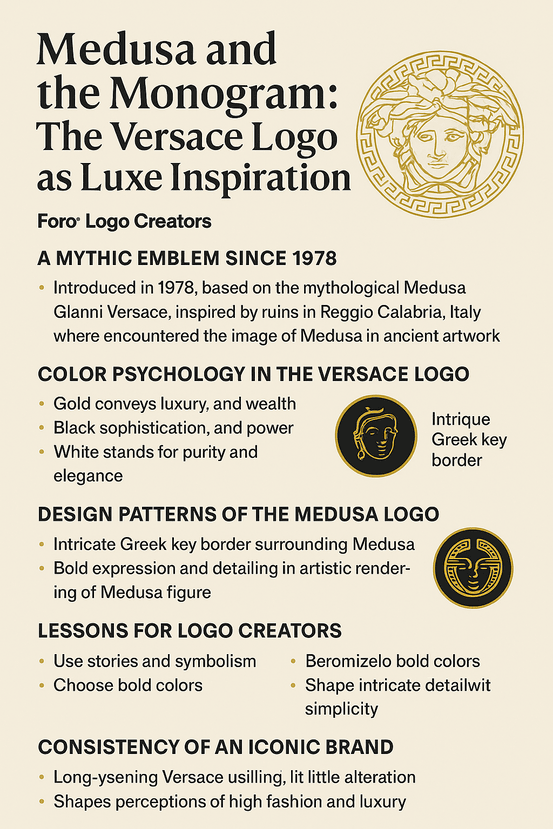 A digital infographic showcasing the evolution and symbolism of the Versace logo, featuring Medusa's head surrounded by Greek key patterns in a luxurious gold-and-black theme.