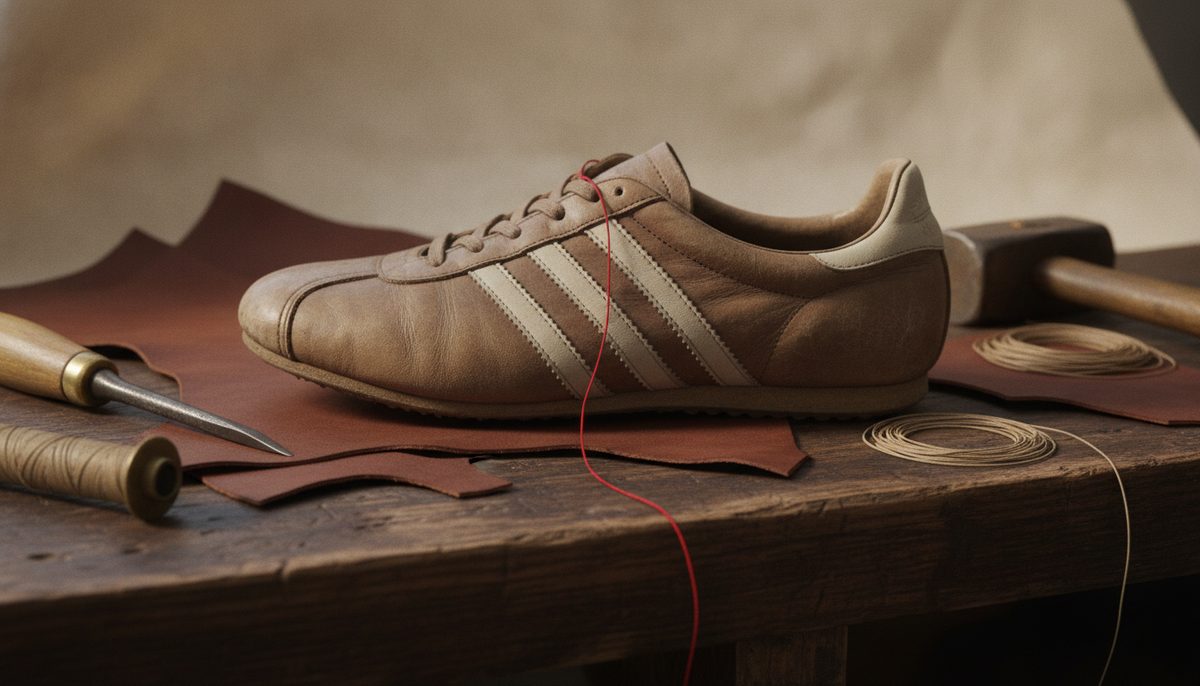 A vintage tan leather running shoe with three cream stripes on a cobbler’s workbench, beside leather offcuts, waxed thread, an awl and a mallet.