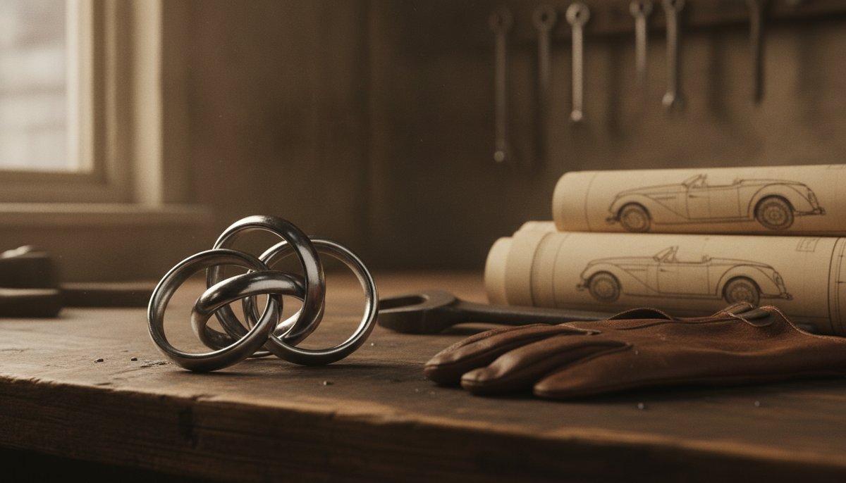 Four polished interlocking chrome rings on a dark wooden table in an old car workshop, beside a leather driving glove, a spanner and rolled drawings of a vintage roadster.