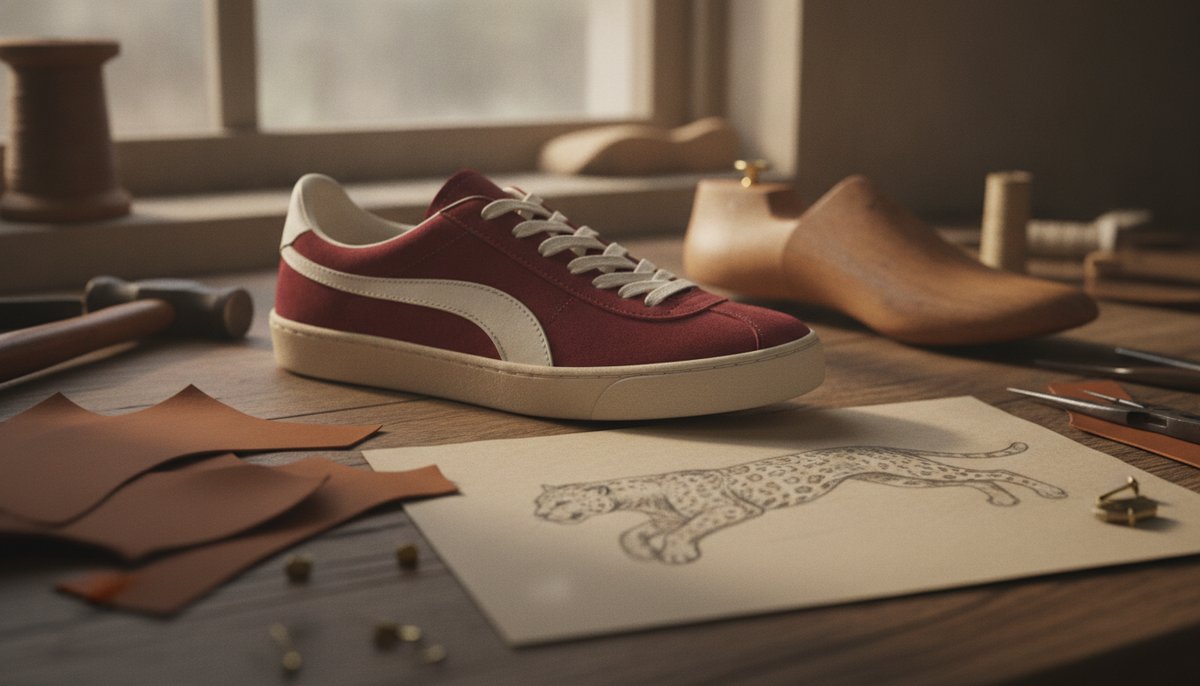 A red suede sneaker with a curved cream side stripe on a wooden workbench, beside a pencil sketch of a leaping big cat, leather offcuts and a shoe last.
