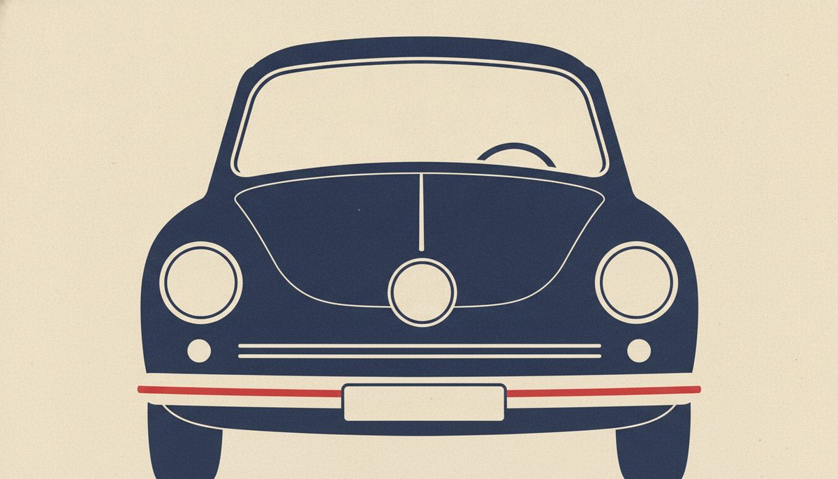 Flat navy illustration of the front of a classic round-roofed Beetle with round headlights and a plain round badge, on cream paper with a red bumper stripe.
